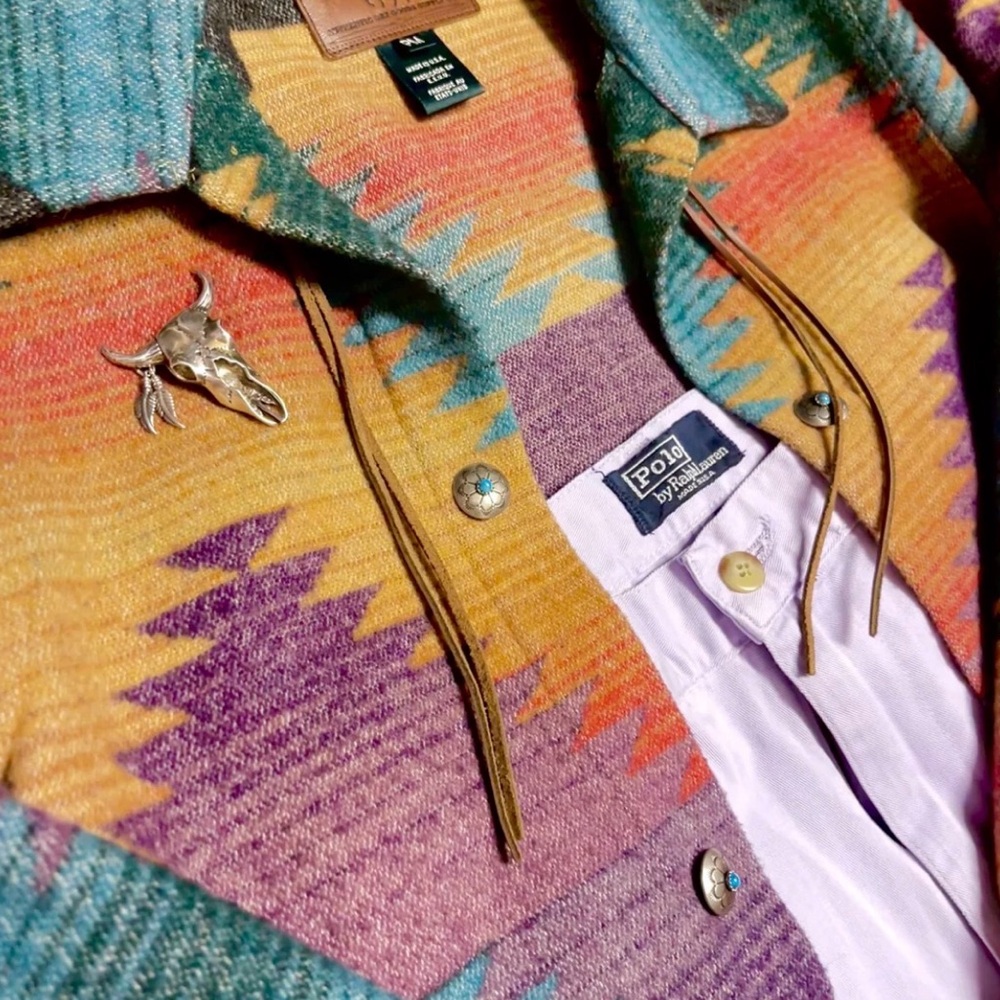 Vintage Ralph Lauren Indian Blanket Aztec  Concho Jacket + Sterling Pin